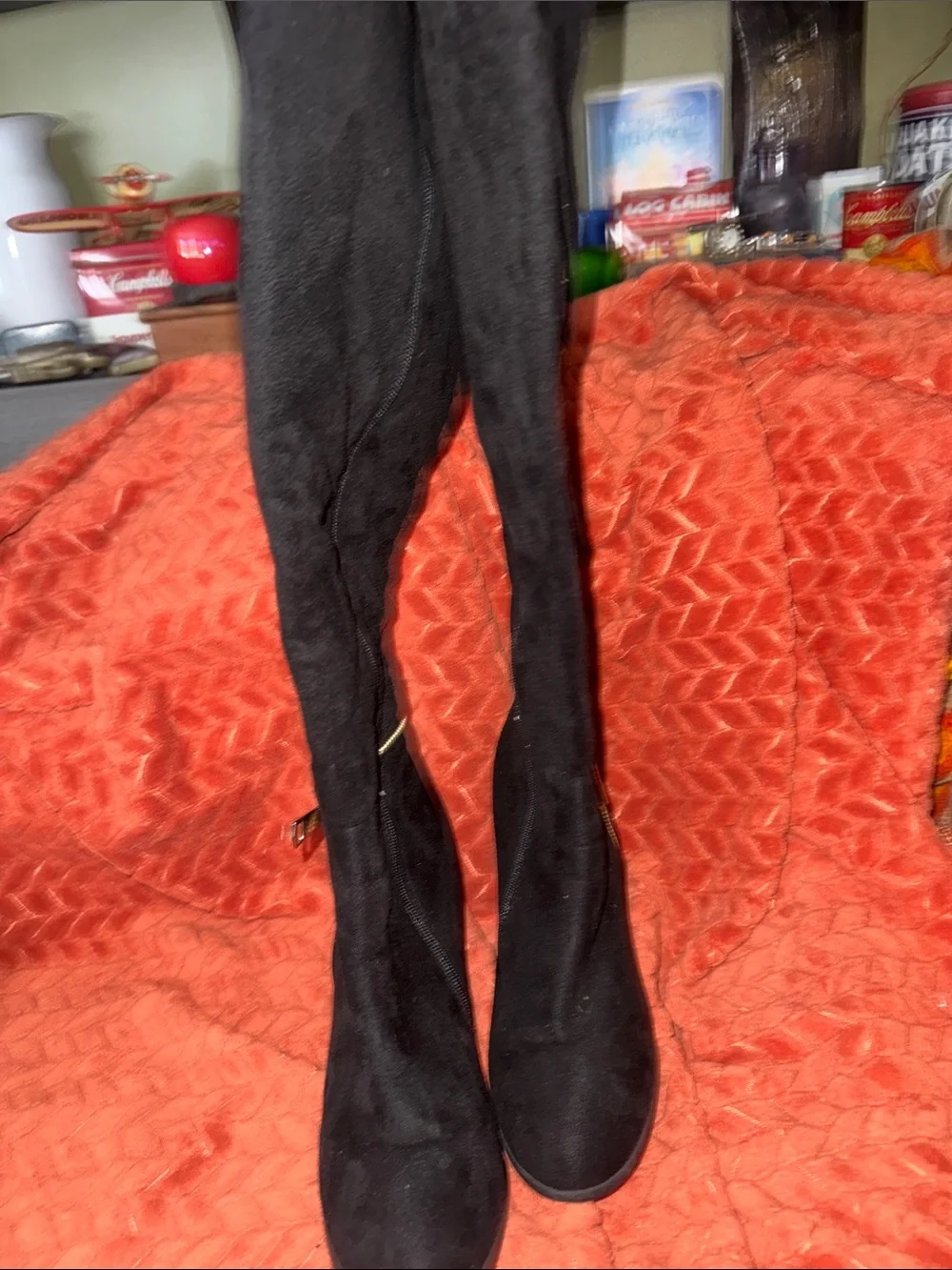 Forever Black Suede Over-The-Knee Boots | Gold Zipper Accent & Block Heel (Size